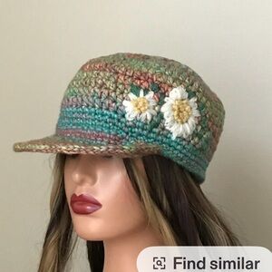 Multicolor Crochet Cap with Floral Accents